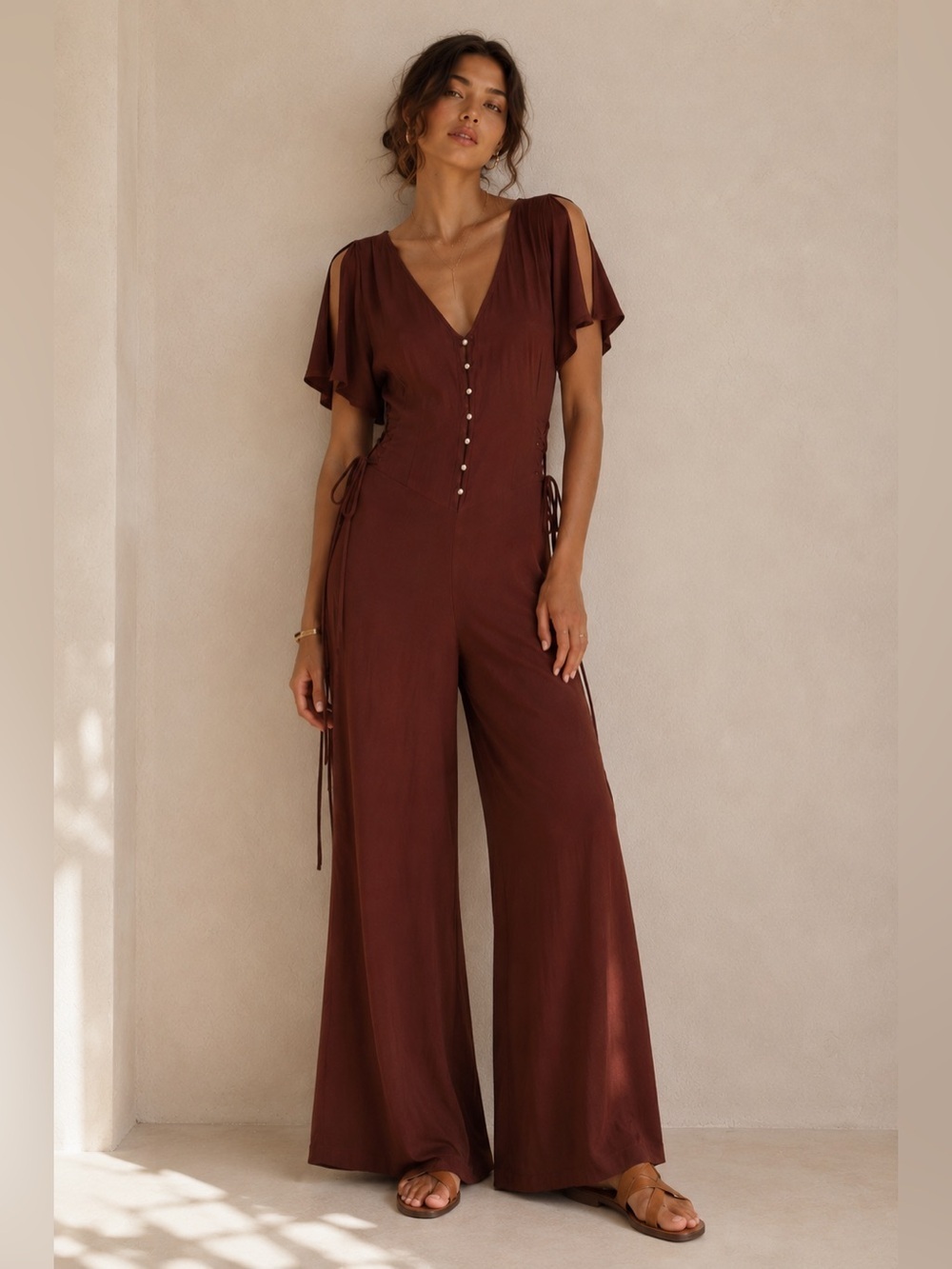 Cleobella Lace Up Waist Wide Leg Jumpsuit Boho Slit Sleeve Size S